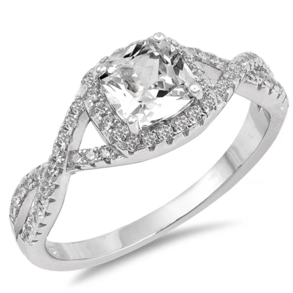 Sterling Silver Criss-Cross Halo CZ Ring – Glamorous Cushion-Cut Sparkle
